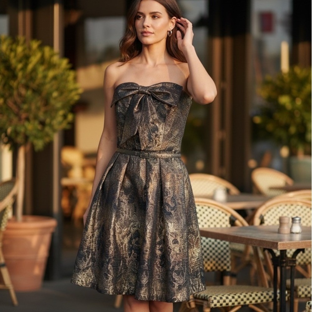Eva Franco Strapless Metallic Bow Dress Gold Copper Womens 6 Cocktail Party Belt